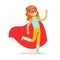 Girl Pretending To Have Super Powers Dressed In Blue And Yellow Superhero Costume With Red Cape And Mask Smiling