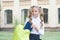Girl primary school pupil happy going to school, lessons schedule concept