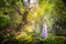 Girl in a princess dress is in a mysterious deep forest with trees, flowers and waterfalls