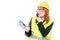 Girl professional foreman with walkie-talkie on white