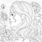 Girl in profile among the daisies.Coloring book antistress for children and adults.