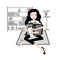 Girl with purchases in gray. girl sitting after shopping at home on the rug. vector