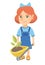 Girl pushing wheelbarrow with soil and plant.