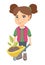 Girl pushing wheelbarrow with soil and plant.