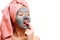 Girl puts out her tongue, girl tries face mask on taste, photo