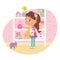Girl putting toys from floor to shelves, helping with housework. Kid helps to clean bedroom vector illustration. From