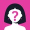 Girl with a question mark on her face on a pink background. hide your face.