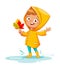 Girl in rad raincoat, rainy autumn