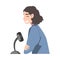 Girl Radio Host Communicating in Studio, Cheerful Woman Recording Audio Podcast with Microphone Cartoon Style Vector