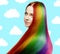 Girl with the rainbow hair against the sky. Woman model with a long haircut. Creative hairstyle