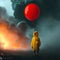 Girl in a raincoat with a red balloon on background of volcano fire and smoke