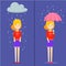 Girl on rainy day, Happy girl holding umbrella on rainy day, Unhappy girl stand in the rain, Two feeling of girl character,bad day