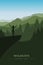 Girl with raised arms on a cliff in green forest mountain