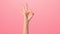 The girl raises her fist and shows the OK sign. A woman\'s hand shows the sign all is well