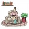 A girl is reading a book. Home comfort. Furniture for reading, spending time, education. An armchair, a sofa, a carpet, shelves wi