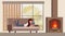 Girl reading book at home illustration. Young woman enjoying cozy atmosphere with burning fireplace, smart student with