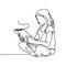 A girl reading a book one continuous line art drawing style. A kid sit in calm learning and studying.