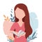 Girl reading a book standing surrounded by leaves. Vector illustration