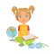 Girl Reading A Geography Book, Part Of Kids Loving To Read Vector Illustrations Series