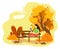 The girl reads a book on a bench among the autumn landscape in the style of flat. A cozy place with hot coffee and a book