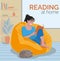 Girl reads a book sitting in a soft chair. Vector illustration