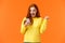 Girl received thousand likes under new picture. Cheerful and triumphing pretty redhead female fist pump say yes