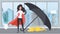 Girl with a red cloak. The umbrella covers a mountain of gold coins. Business and finance safety concept. Vector.