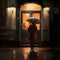 A girl in a red coat in the rain, under an umbrella outside a door to a restaurant.
