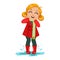 Girl In Red Coat And Rubber Boots, Kid In Autumn Clothes In Fall Season Enjoyingn Rain And Rainy Weather, Splashes And