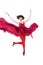 Girl in red dress flying in a jump