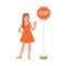 Girl in red dress standing near street caution sign stop a vector illustration