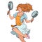 A girl with red hair carries frying pans. Choice between products. Dishes for the home, everything for cooking.