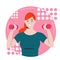 A girl with red hair goes in for sports with dumbbells in her hands. Fitness online. Exercises at home. Flat illustration isolated