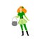 Girl with Red Hair Standing with Cauldron, Young Woman in Green Irish Costume Celebrating Saint Patrick Day Vector