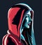 Girl with red hood, lights and blue reflections in the night. Side view. Nightlife. Isolation and indifference