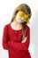 Girl in red shirt wearing strange yellow sunglasse