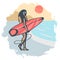 Girl with red surfboard on the beach on a sunset background with hand drawn.