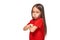 Girl in red t-shirt serious face offended white background