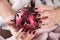 Girl with red wine color nails polish gel and holding Christmas ball