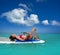 Girl relaxed lying on paddle surf board SUP