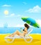 Girl relaxing on the sea beach deck-chair