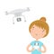 Girl with remote controlling aerial drone.
