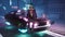 A girl is resting on the hood of her flying car in the middle of the night street of a neon cyber city. View of an