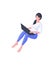 Girl resting with laptop isometric illustration. Female character sitting comfortably without shoes with black gadget.