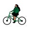 Girl rides a bicycle. Eco-friendly transport and bike sharing. A woman in a green jacket and skirt is riding an electric bike