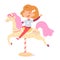 Girl riding in amusement park on horse. Happy child sitting in seat moving in carousel vector illustration. Kid having