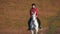 Girl riding a horse walking in the meadow. Slow motion