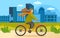 Girl riding in park. Woman rides bicycle on city road. Female character doing sports outdoors