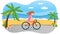 Girl riding in park. Woman rides bicycle on coast road. Female character doing sports outdoors