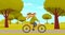 Girl riding in park. Woman rides bicycle on park road. Female character doing sports outdoors